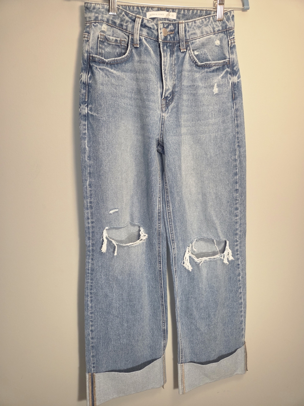 Altar’d State Distressed Cuffed High-Rise Straight Leg Jeans – Light Wash.